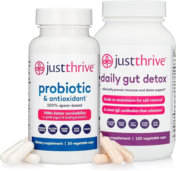 Just Thrive Probiotic &amp Antioxidant 30 Caps &amp Daily Gut Detox 120 Caps Bundle Spore-Based Digestive &amp Immune Support Complete Detox &amp Immune Support - 30-Day Supply