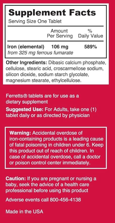 Ferret Suppts Ironlement Ferrous Fumarate 325mg - 60 tablets (Pack of 6)