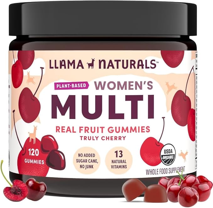 Llama Naturals Multivitamin for Women Vegan Organic Gummies with Vitamin D C and K Women's Real Fruit Gummy Vitamins Chewable Multivitamin Supplement No Added Sugar Cane Cherry 120 Ct