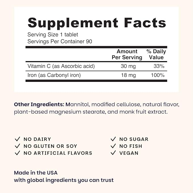 EZ Melts Iron - Supplement for Daily Energy &amp Iron Support - with Vitamin C - No Artificial Flavors - Non-GMO &amp Vegan - Zesty Orange - 180 Dissolvable Tablets (180 Servings)