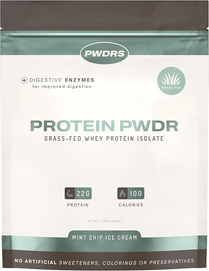 PWDRS Protein Powder | 100% Grass-Fed Whey Protein Isolate | 22g of Protein No Added Sugar | Non-GMO Gluten Free No Sucralose All Natural | 1.25 lbs (Mint Chip)
