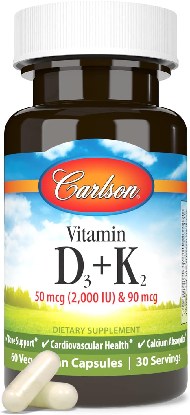 Carlson - Vitamin D3 + K2 50 mcg (2000 IU) Vitamin D3 &amp 90 mcg Vitamin K2 as MK7 Bone Support Calcium Absorption 60 Capsules (Pack of 2)