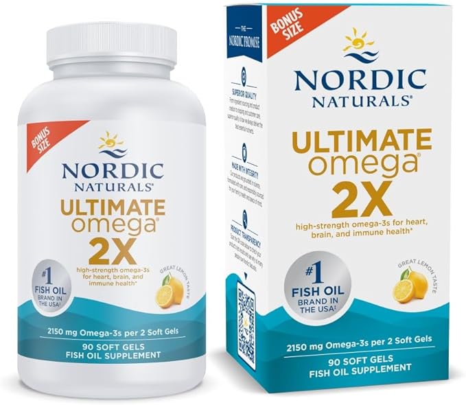 Nordic Naturals Ultimate Omega 2X Lemon Flavor - 90 Soft Gels - 2150 mg Omega- High-Potency Omega-3 Fish Oil with EPA &amp DHA - Promotes Brain &amp Heart Health - Non-GMO - 45 Servings