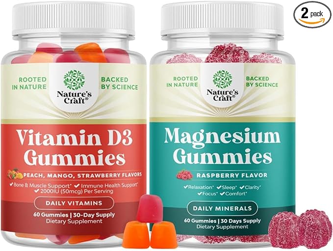 Bundle of Vitamin D3 Gummies with 2000IU per Serving Bone Muscle &amp Immune Support and Extra Strength Calm Magnesium Gummies - Relaxing Magnesium Citrate with Elemental Mag - Body &amp Mind Relaxa