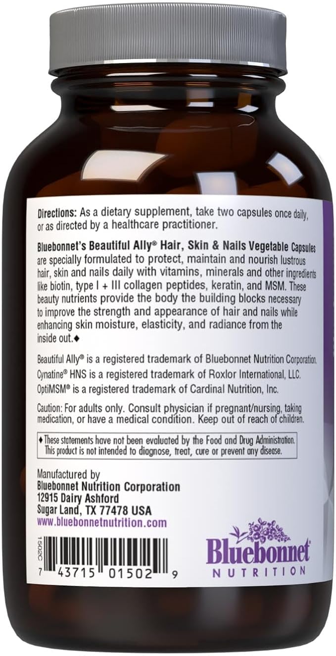 Bluebonnet Nutrition Beautiful Ally Hair Skin &amp Nails Hydrolyzed Collagen from Grass Fed Cows Collagen Peptides Type 1 &amp 3 Non GMO Gluten Free Soy Free Milk Free 90 Vegetable Capsules