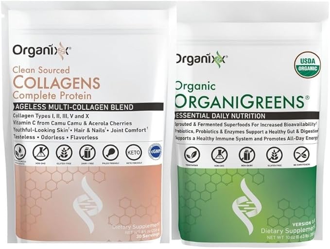 Organixx OrganiGreens (30 Servings) &amp Clean Sourced Collagens (30 Servings) Bundle Daily Super Greens &amp Protein w/Vitamin C &amp Zinc Supports Digestion Skin Hair Nails &amp Joint Healt