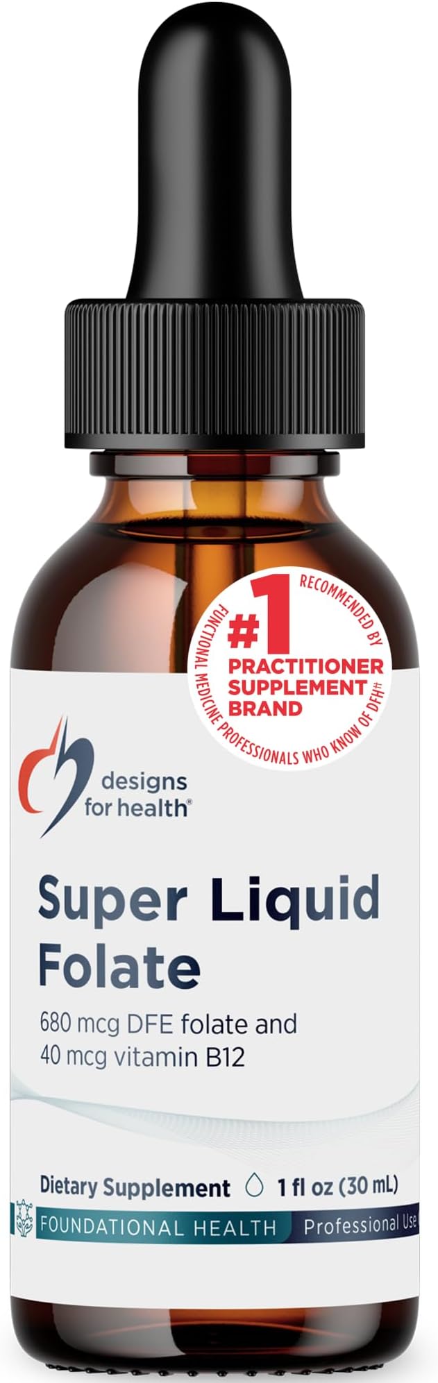Designs for Health B12 + Folate Drops - Super Liquid Folate with Vitamin B12 as Methylcobalamin - 400mcg Folate + 40mcg Methyl B12 per Drop Non-GMO + Vegetarian (660 Servings / 1 Fl Oz)