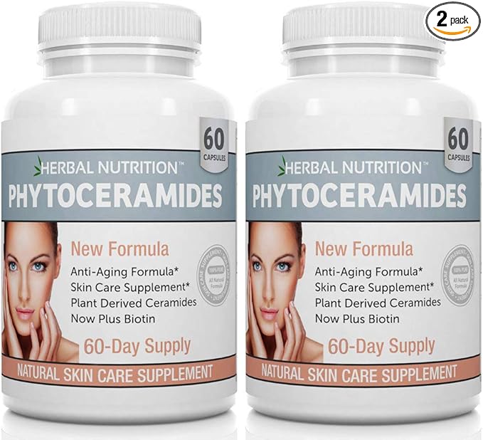 Phytoceramides Rice Based with Biotin Anti Aging Supplement Wrinkle Remover and Facial Moisturizing with Phytoceramides Vitamin A C D and E Two Bottle Pack 120 Capsules 40mg Gluten Free