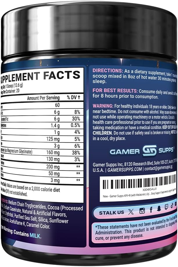Gamer Supps AFK+® (with Melatonin): Lily's Lullaby Hot Cocoa by Shylily - 20 Servings - Keto Friendly Magnesium-Focused Sleep Support Supplement Apigenin Sugar Free