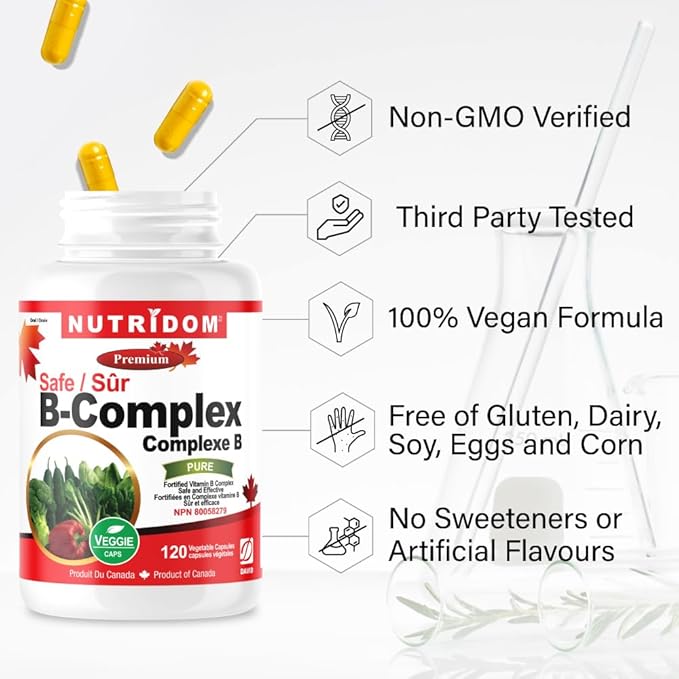 Nutridom Fortified Vitamin B-Complex 200 mg 120 Count All Vegan B-Vitamins Including B12 B1 B2 B3 B4 B5 B6 B7 (Biotin) B8 (Inositol) B9 (Folic Acid)