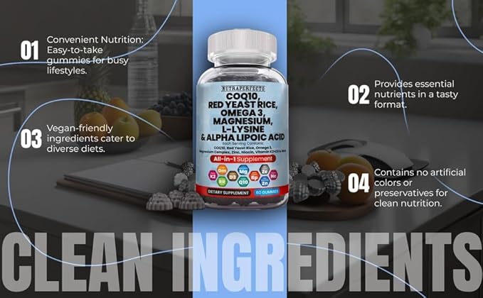 L-Lysine Coq10 Alpha Lipoic Acid Gummies Red Yeast Rice Magnesium Gummy for Adults and Kids - Amino Acid Supplements Omega 3 Niacin Zinc Vitamin K2 D3 B3 - Vitamins for Women and Men - 60 Gummy Bears