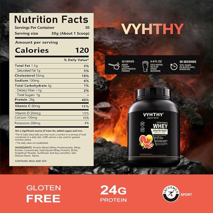 Grapefruit Flavored Whey Protein Powder24g Protein per Serving Fast-Absorbing Concentrated whey Protein Low Sugar Gluten-Free Natural Flavor 2 lbs/32 oz.