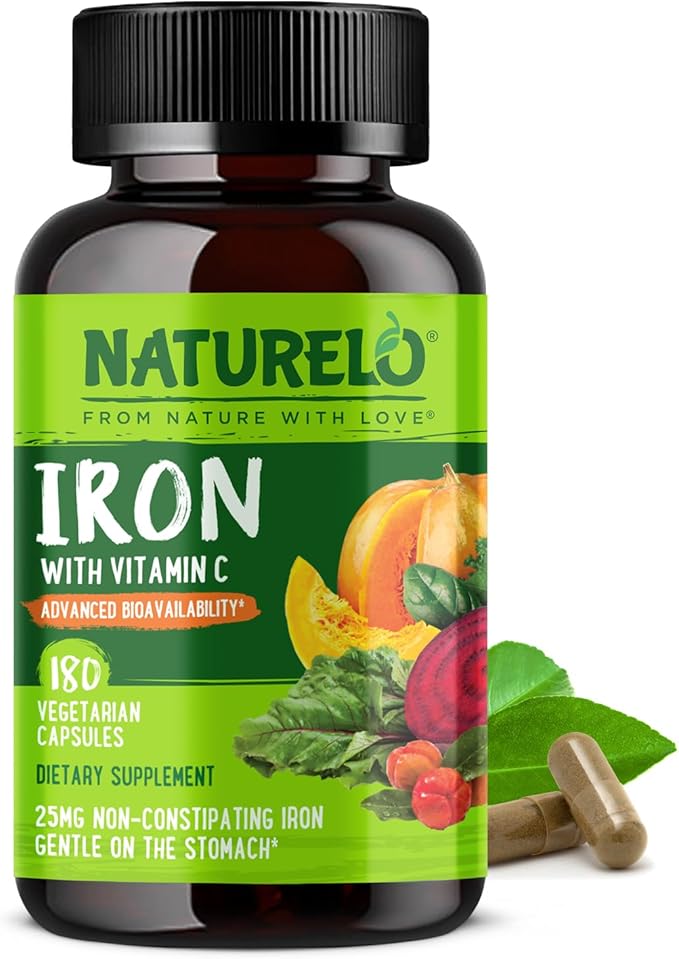 NATURELO Vegan Iron Supplement with Vitamin C and Organic Whole Foods - Gentle Iron Pills for Women &amp Men with Iron Deficiency Including Pregnancy Anemia and Vegan Diets - 180 Mini Capsules