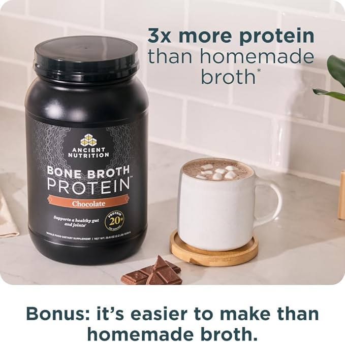 Ancient Nutrition Grass Fed Cage Free Bone Broth Protein Powder 20g Protein Hydrolyzed Collagen Peptides Keto &amp Paleo Friendly Supports Joint Gut Health Chocolate 40 Servings