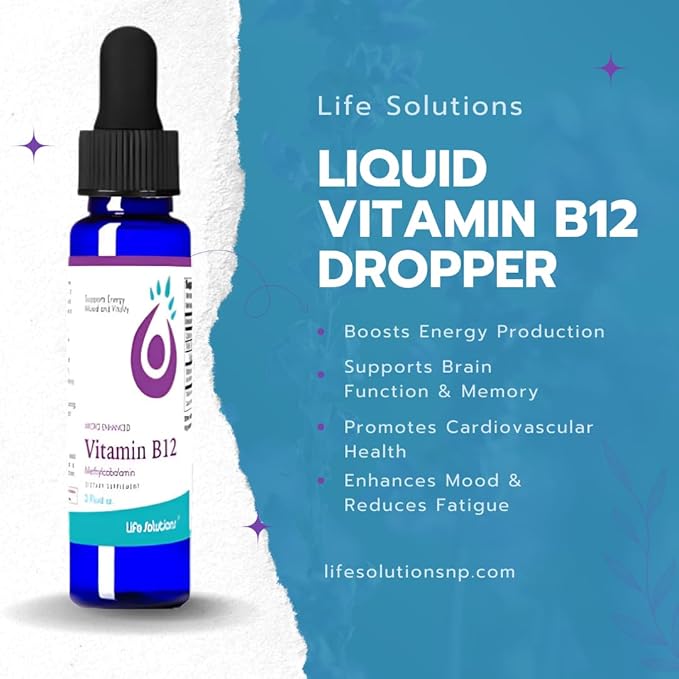 Life Solutions Liquid Vitamin B12 Methylcobalamin - Made in USA Supports Energy &amp Metabolism High Absorption Vitamina B12 Drops 2 Fl Oz Non-GMO Gluten-Free
