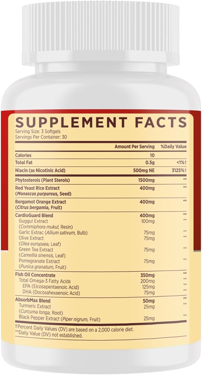 Cholesterol Supplements with Plant Sterols Niacin Red Yeast Rice Bergamot Omega-3 &amp Garlic - Advenced Absorption Formula - 90 Softgels