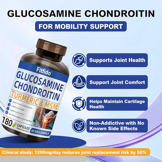 Glucosamine Chondroitin MSM and Turmeric Supplement - Used for Cartilage &amp Joint Health &amp Flexibility - for Women &amp Men - Non-GMO Gluten Free 180 Capsules