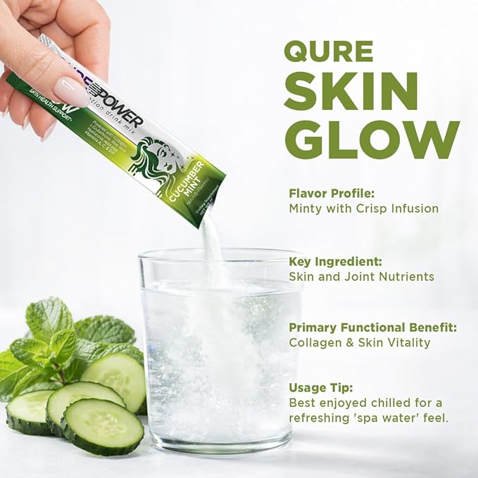 Qure Collagen Powder for Women | L-Glutathione &amp Hyaluronic Acid | Daily Skin &amp Joint Support | Alkaline Hydration Mix | Light Cucumber Mint Flavor | 15 Sticks (1 Box)