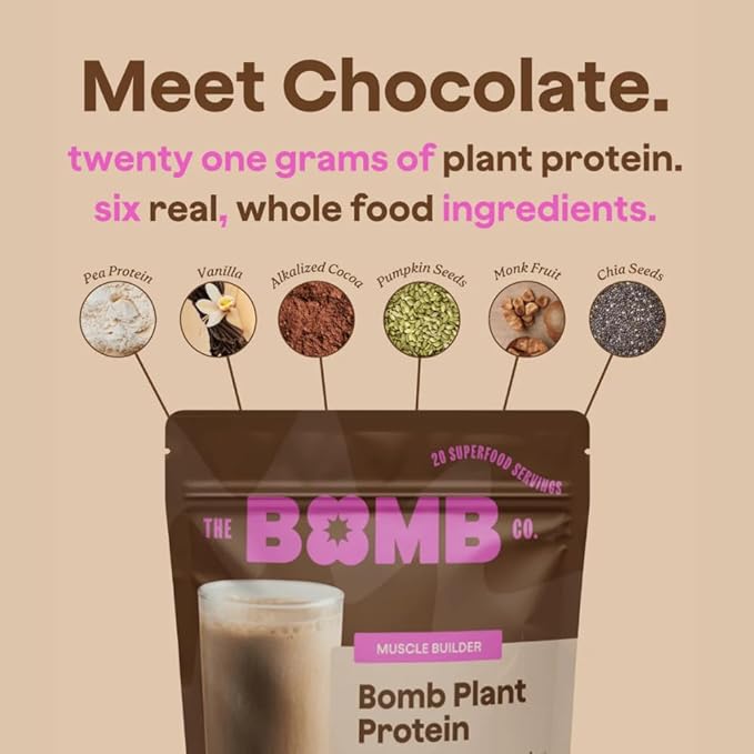 Blender Bombs The Bomb Co. Bomb Plant Protein Chocolate &amp Vanilla Protein Powder with 21g Protein Amino Acids Zero Sugar Pea Protein Cocoa Chia Seeds Vanilla &amp Monk Fruit 40 Srvgs