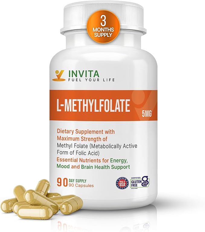 INVITA L-Methylfolate 5mg – Physician Formulated Active Methyl Folate - 5-MTHF Supplement for Energy Mood &amp Brain Health Support - Non GMO Gluten Free 90 Capsules (3 Month Supply)