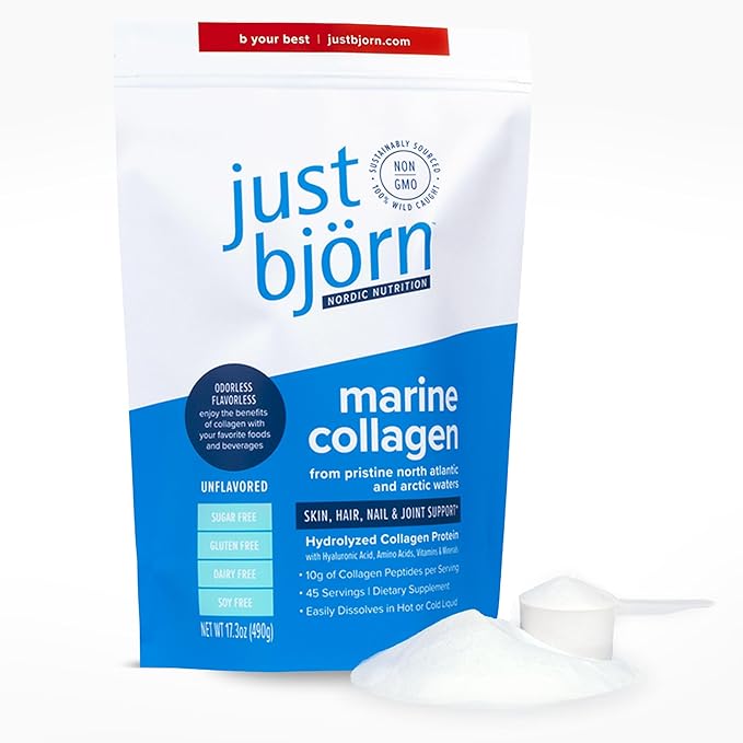 Just Bjorn Marine Collagen Peptides Powder for Women &amp Men - Skin Hair Nail and Joint Support - Hyaluronic Acid Vitamin C Amino Acids - Unflavored (45 Servings / 17.3 Ounce)