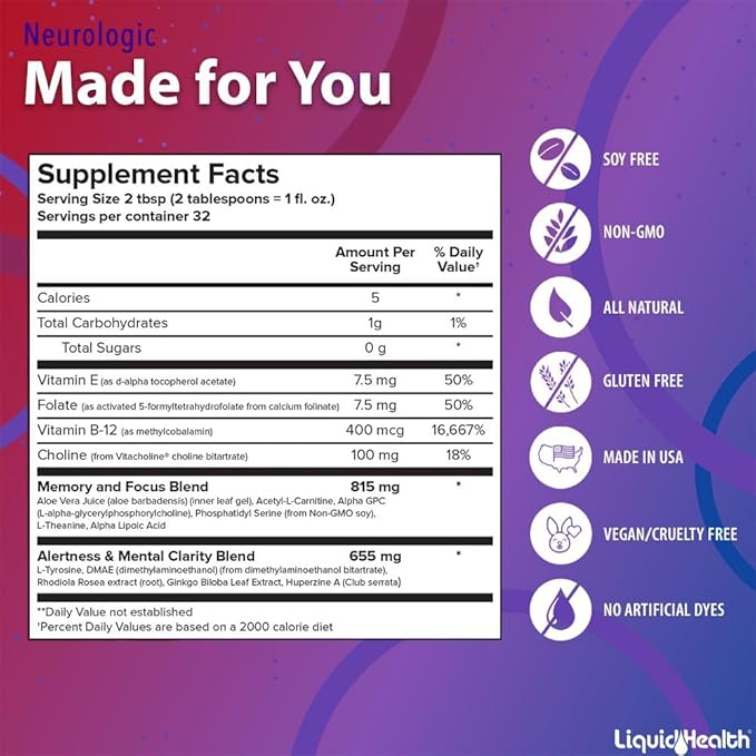 LIQUIDHEALTH Mega Energy B-Complex &amp Neurologic Nootropic Liquid Supplement Bundle for Adults - Increase Natural Energy Levels Improve Memory Alertness &amp Focus Boost Mood - Vegan Non-GMO