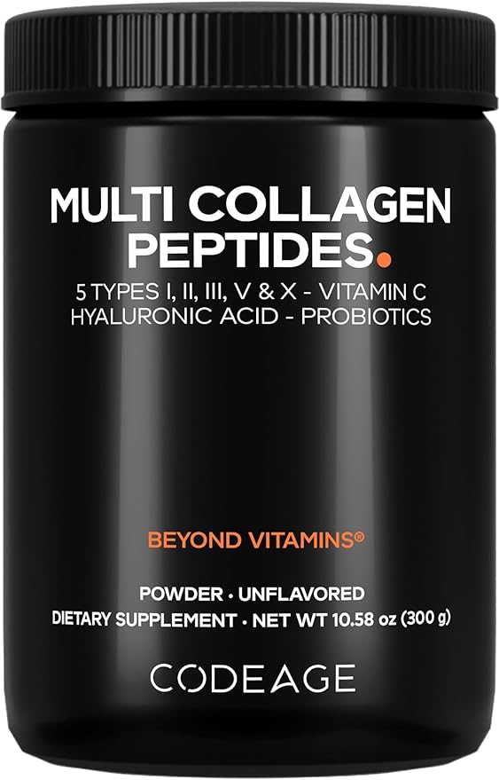 Codeage Multi Collagen Peptides Powder + Probiotics Black Edition Vitamin C Hyaluronic Acid Powder Supplement Grass-Fed Hydrolyzed Zero Carbs Type I II III V &amp X Unflavored 10.58oz