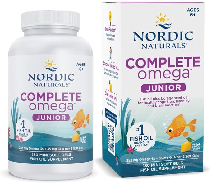 Nordic Naturals Complete Omega Jr. Lemon - 180 Mini Soft Gels - 283 mg Total Omega-3s &amp 35 mg GLA - Healthy Cognition Nervous System Function - Non-GMO - 90 Servings