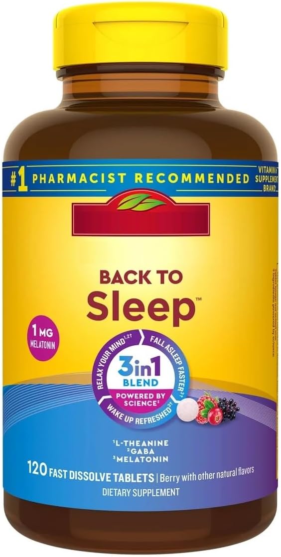 Naturally Made Back to Sleep Aid - 1mg Low Dose Melatonin 100mg L-Theanine 100mg GABA - 120 Fast Dissolve Tablets for Middle of The Night Support - Drug-Free Non-Habit Forming Blueberry Flavor