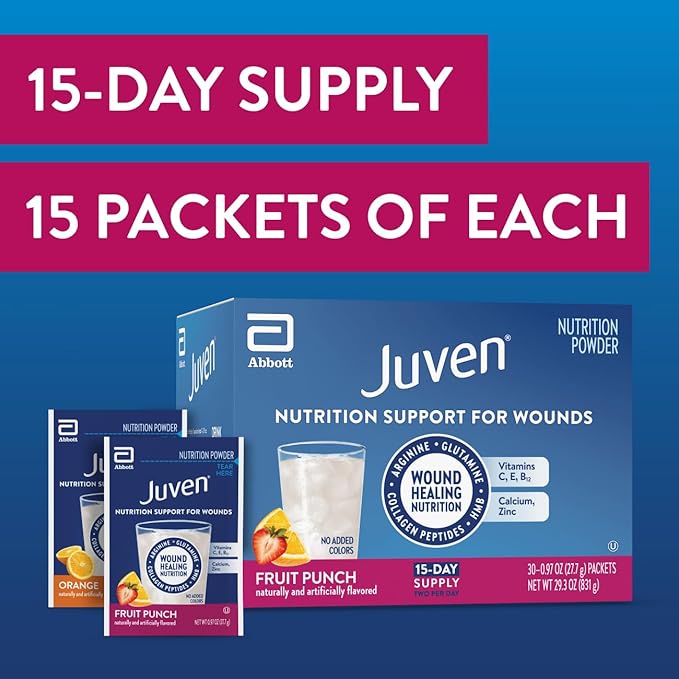 Juven Therapeutic Nutrition Drink Powder Including Collagen Peptides Amino Acids and HMB For Wound Healing Support Variety Pack: Orange &amp Fruit Punch 30 Packets