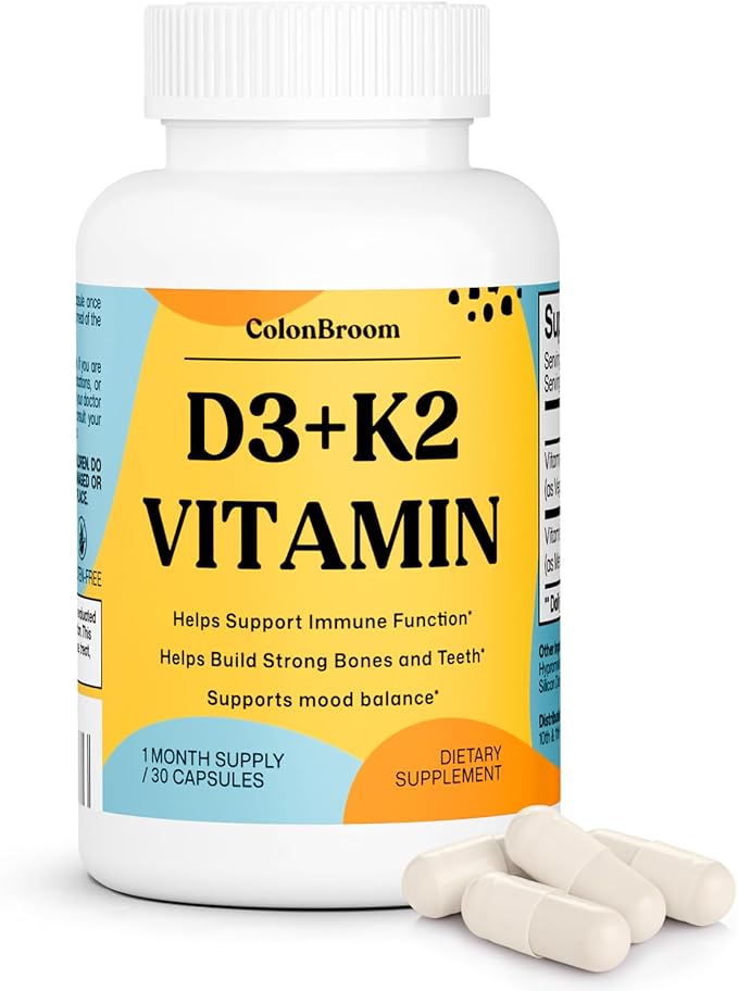 ColonBroom Vitamin D3 K2 | Supports Immune System Mood Balance Strong Bones &amp Teeth | Vegan Non-GMO Gluten-Free | Maximum Strength 2-in-1 K2 D3 Vitamin Supplement (30 Capsules 1 Month Supply)
