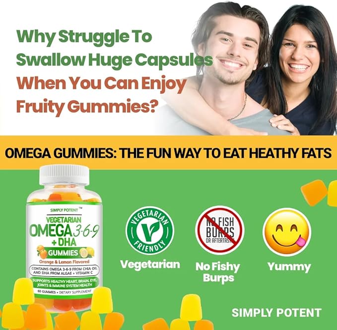 Simply Potent Omega 3 Fish Oil Gummies Plant Based Alternative to Cod Liver Oil Burpless Vegetarian DHA Chews for Adults and Kids Orange Lemon Flavor Supplement