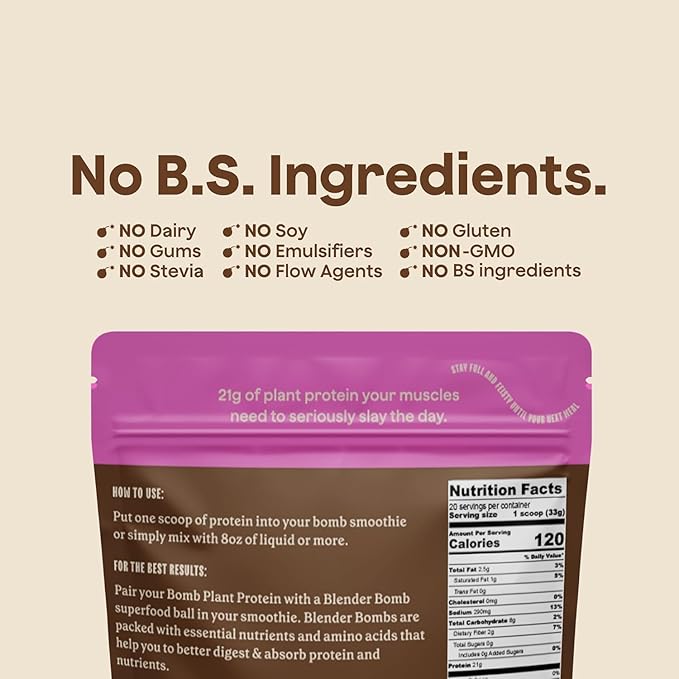 The Bomb Co. Bomb Plant Protein Protein Powder with 21g Protein Amino Acids Zero Sugar Pea Protein Cocoa Chia Seeds Pumpkin Seeds Vanilla &amp Monk Fruit Gluten Free Chocolate Flavor 20 Sr