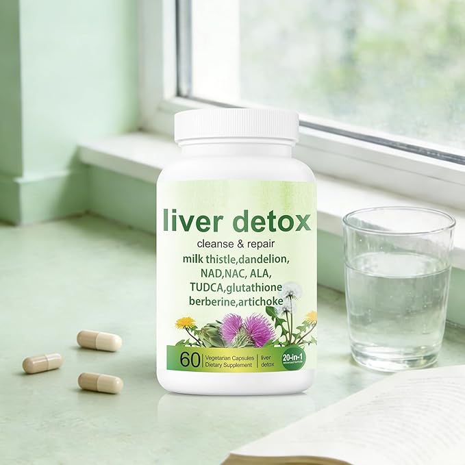 Liver Detox Capsules - 20-in-1 Herbal Formula with Milk Thistle Dandelion Turmeric &amp Artichoke Leaf for Liver Support and Digestive Balance - Non-GMO Gluten-Free (60 Count)
