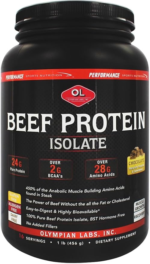 Olympian Labs Beef Protein Isolate Powder 24g Protein BST Free 2 Grams BCAA's Muscle Building Amino Acids 1 Pound Flavored with Real Chocolate