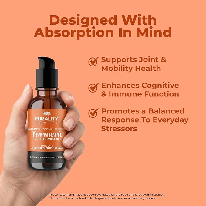 PURALITY HEALTH Liquid Turmeric with Fulvic Acid Liposomal Enhanced Absorption Vegan Formula | Easy-to-Use Pump for Liquids Supports Joint Health &amp Daily Wellness Month Supply