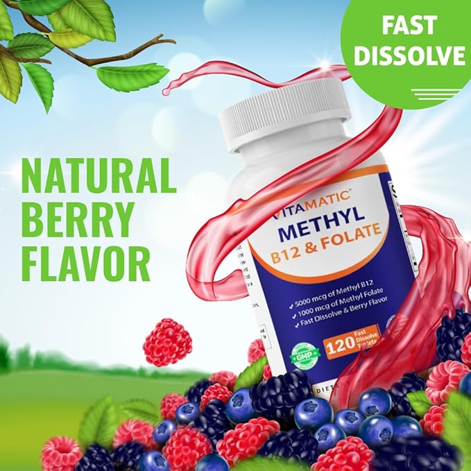 Vitamatic Methyl Folate &amp B12 Supplement with Pyridoxal 5 Phosphate (P-5-P) - Promotes Cardiovascular Health &amp Energy Metabolism - 120 Fast Dissolve Tablets - Non GMO &amp Gluten Free-2 Pack