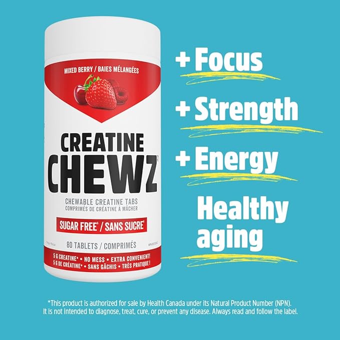 PVL Creatine Chewz – Sugar-Free Chewable Creatine Tablets for On-The-Go Use – 5g Creatine Monohydrate Per Day – Pre Workout &amp Post Workout Protein Support – 80 Tablets – Blue Razz Lemonade