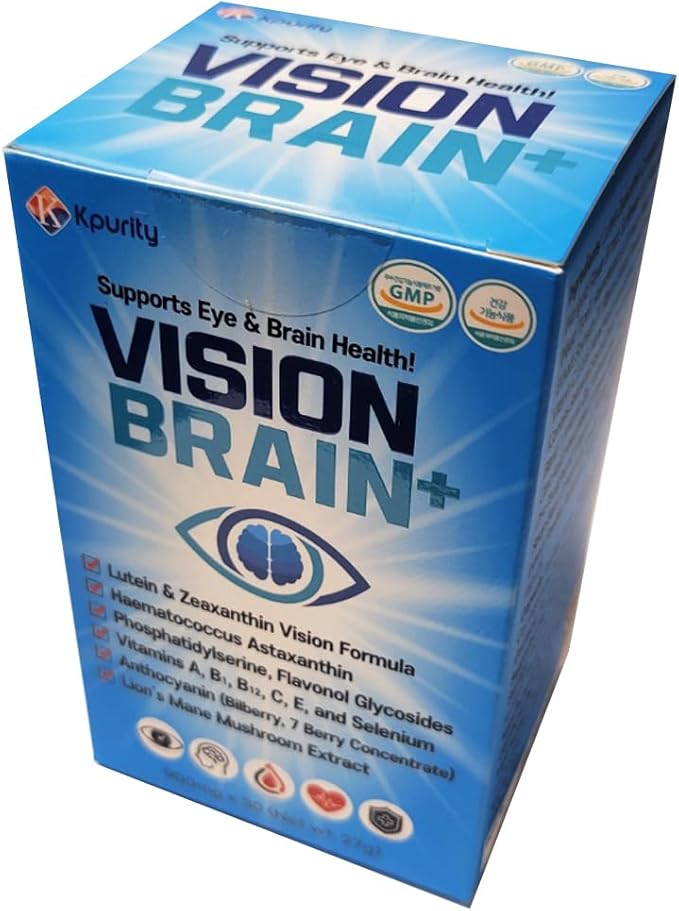 KPurity VisionBrain+ Eye &amp Brain Health Supplement with Lutein &amp Zeaxanthin - Enhances Memory Focus and Brain Performance - 30-Day Supply Softgels (1 Box VisionBrain+)