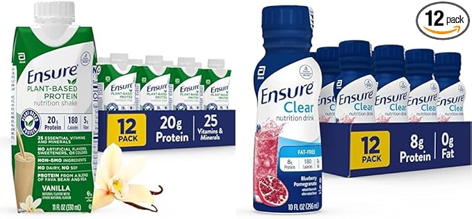 Ensure 100% Plant-Based Vegan Protein Nutrition Shakes with 20g Fava Bean and Pea Protein Vanilla &amp Ensure Liquid Clear Nutrition Drink 0g fat 8g of protein Blueberry Pomegranate 10 Fl Oz