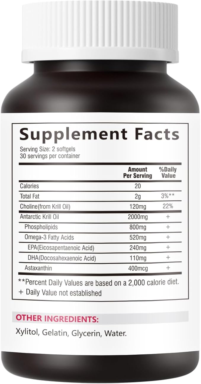 Antarctic Krill Oil Softgels - Rich in Omega-3 phospholipids Non-GMO Dietary Fiber Supplement 60 Capsules
