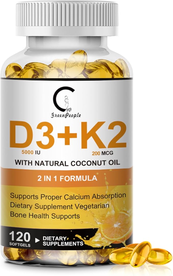 Vitamin D3 K2 Supplement with Vitamin D3 5000 IU 200 mcg Vitamin K2 MK-7 &amp Natural Coconut Oil Plant Based 2-1 Formula for Bone Teeth Muscle and Immune Health Support120 Softgel Capsules
