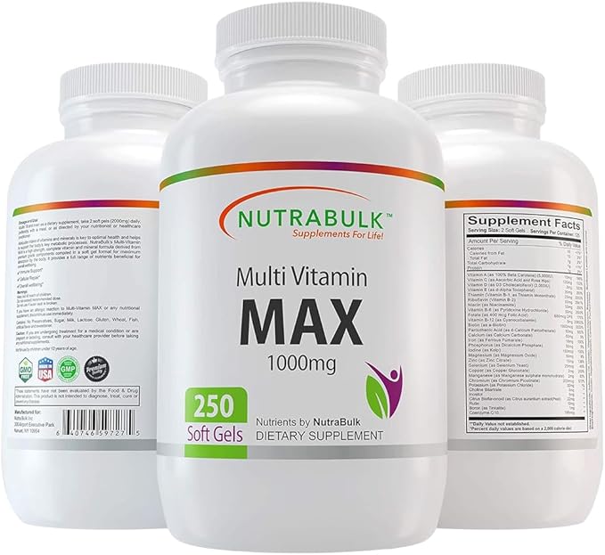 NutraBulk Multi-Vitamin MAX Well Absorbed Soft Gels - Potentially Supports Overall Wellbeing &amp Immune Boosts Energy &amp Metabolism - Complete Daily Nutrition- 1000mg 250 Soft Gels
