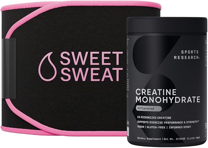 Sports Research Training Performance Pack - Creatine Monohydrate and Sweet Sweat Waist Trimmer (Black/Pink Medium)