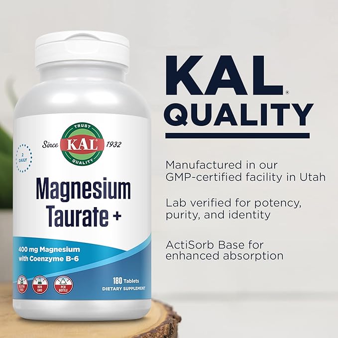 KAL Magnesium Taurate 400mg Plus CoEnzyme Vitamin B6 Chelated Magnesium Supplement Muscle Function Gluten Free Vegan 90 Serv 180 Tablets