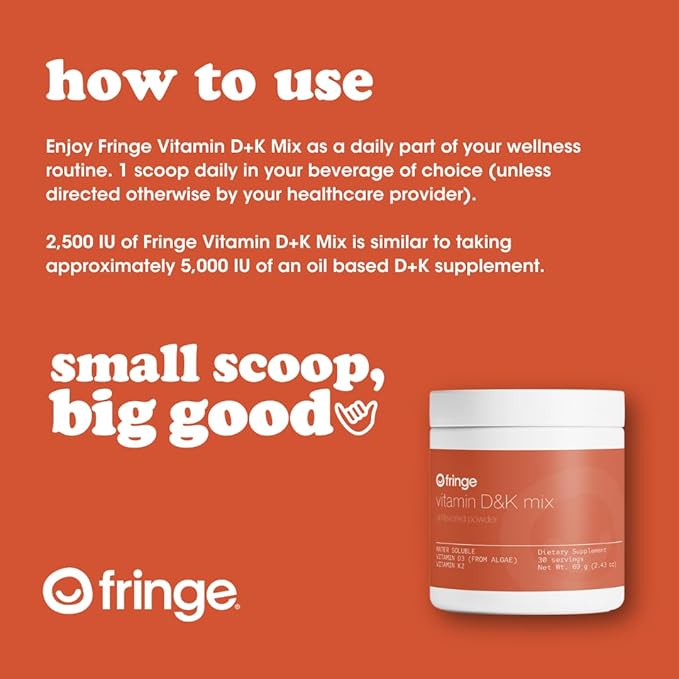 Fringe Vitamin D3 and K2 Mix Powder Water Soluble Bio-Available D3 from Algae Vitamin K2 MK-7 from Natto Vegan Unflavored (30 Servings Vitamin D &amp K Mix)