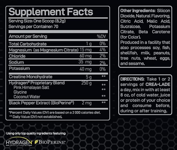 Forzagen Crea-Lade Creatine Monohydrate with Electrolytes &amp Hydration Support 5g Creatine Hydragen™ Blend Magnesium Sodium Potassium BioPerine® Natural Lemonade Flavor 70 Servings