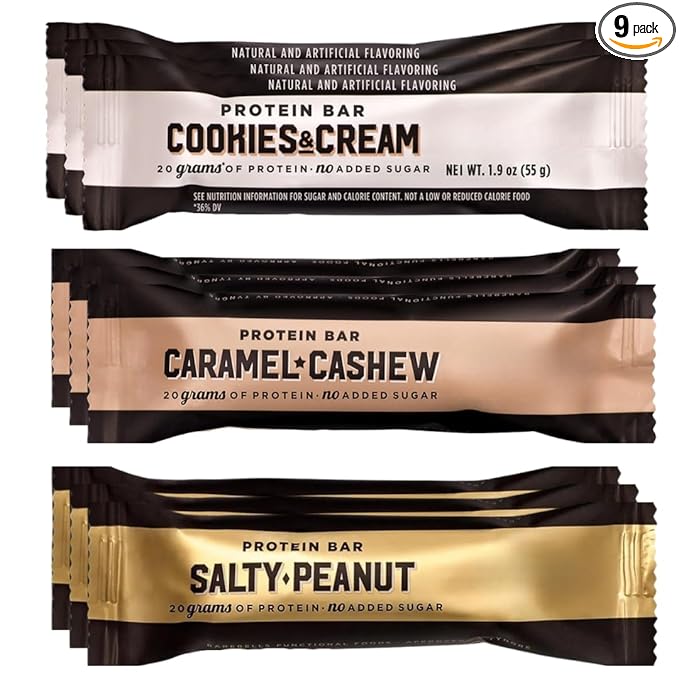 BarebeIIs - Protein Bar Variety Pack – 20g Protein No Added Sugar – Caramel Cashew Cookies &amp Cream Salty Peanut – High-Protein Snack Bars (9 Pack)