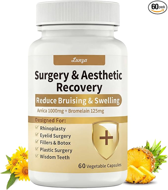 Lunza Aesthetic &amp Surgery Recovery Supplement Swelling and Bruising Relief with Arnica 1000mg &amp Bromelain 125mg 60 Capsules