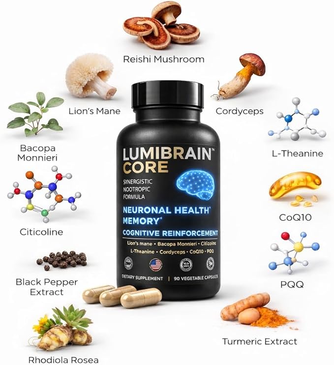 LumiBrain™ CORE Brain Supplement for Memory and Focus Caffeine-Free Nootropic for Brain Energy 90 Capsules